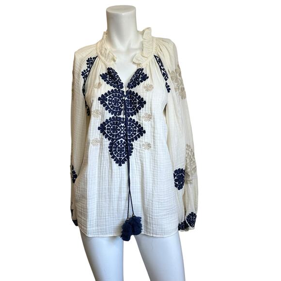 Figue Cream Blue Embroidered Boho Peasant Top with Tassels sz S NWOT $428 - Picture 1 of 10